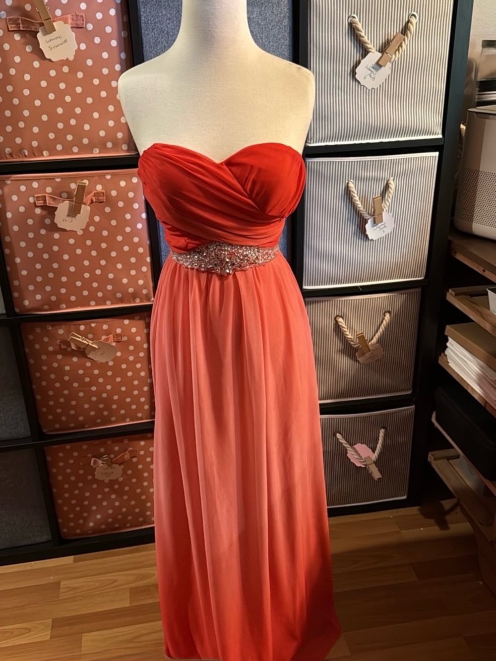 Strapless Coral Ombre Evening Gown with Beaded Waist